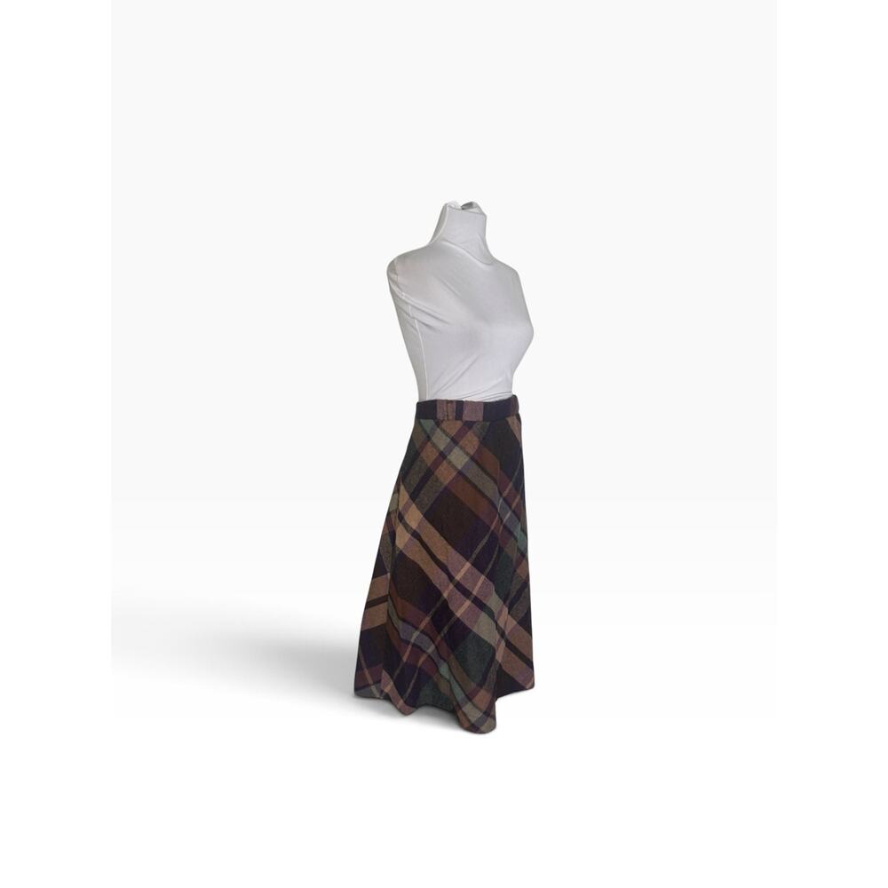 Vintage 70s Wool Plaid Midi Skirt XL Dark Academia A-Line Brown - Picture 3 of 6
